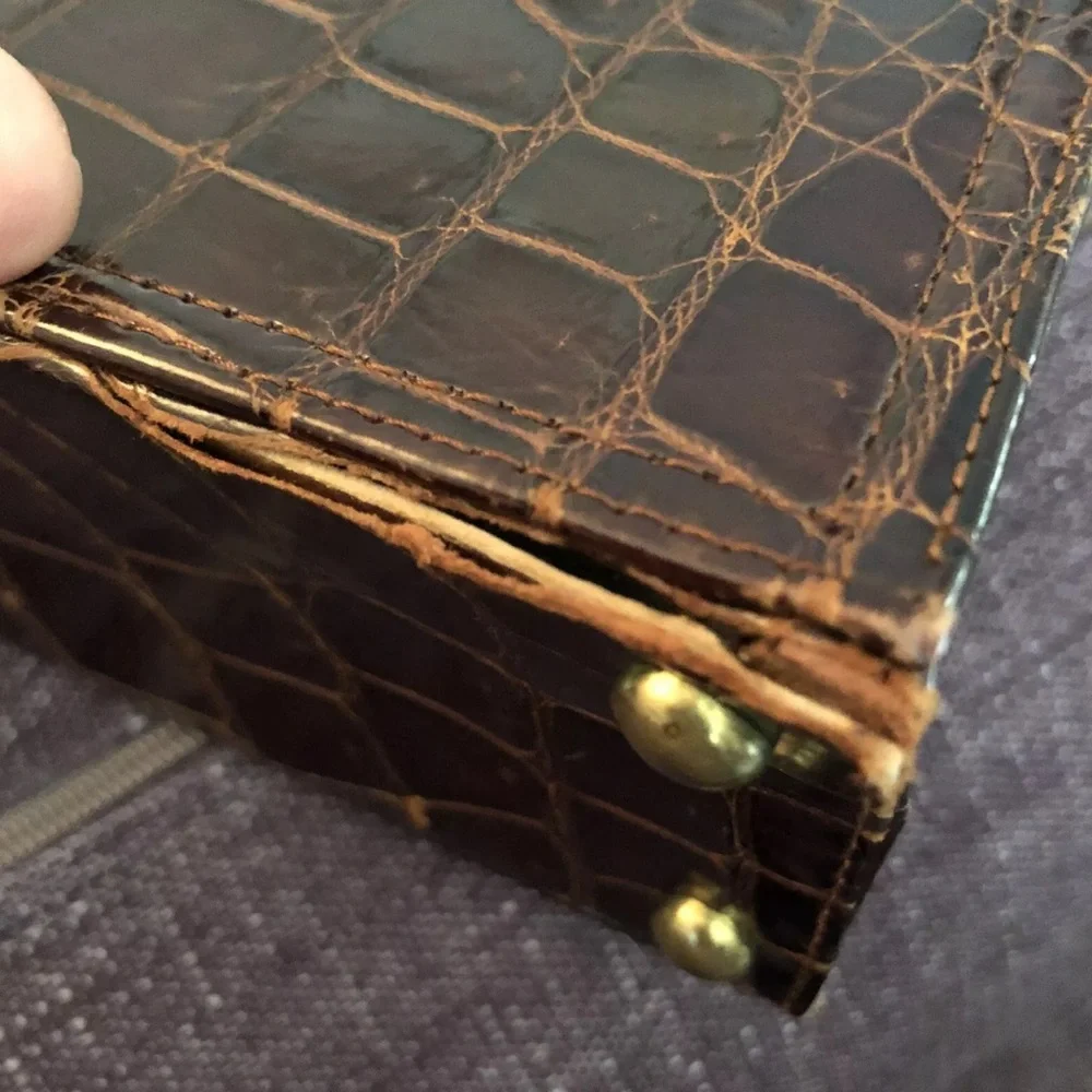 VTG Mark Cross Satchel Box Bag Brown Alligator Leather Gold Hardware Dust Bag